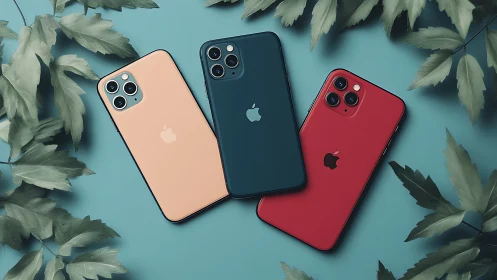 Triple smartphone layout shows matte-finish backs and triple cameras