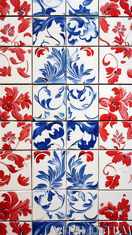 Hand-painted ceramic tiles show red and blue floral brushwork symmetry