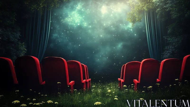 Red cinema seats face starry sky in outdoor forest clearing