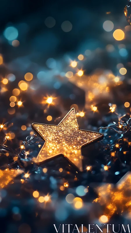 Glowing golden star rests softly among dreamy festive lights