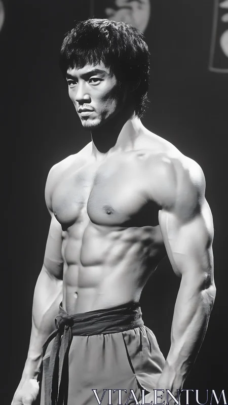 Monochrome portrait of muscular male torso on dark stage.