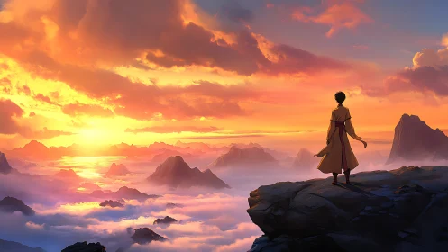 Figure on cliff observing clouded mountain sunrise horizon.