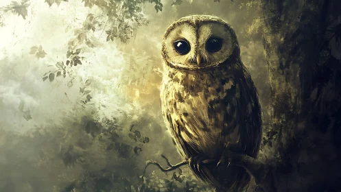 Enchanting owl in a mystical forest, digital art illustration.