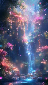 Enchanted blossom falls cascade in a luminous twilight glade.