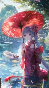 Girl in kimono stands in pond holding red parasol