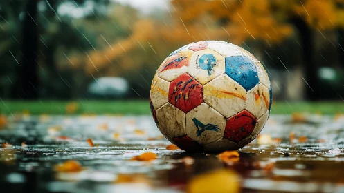 Weathered multicolor soccer ball on wet asphalt in autumn rain