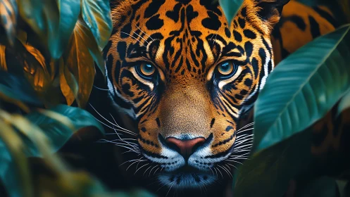 Hyper-detailed jaguar portrait framed by dense tropical foliage
