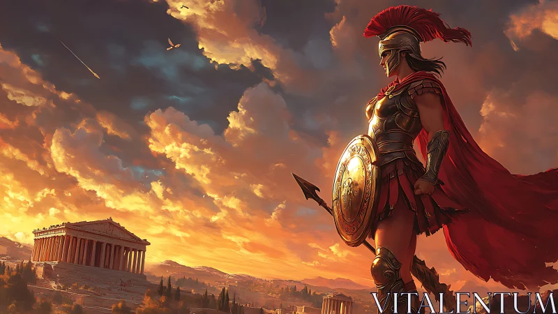Heroic Greek warrior overlooks Acropolis at dramatic sunset