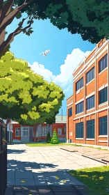 Tree-lined brick courtyard beside institutional building.