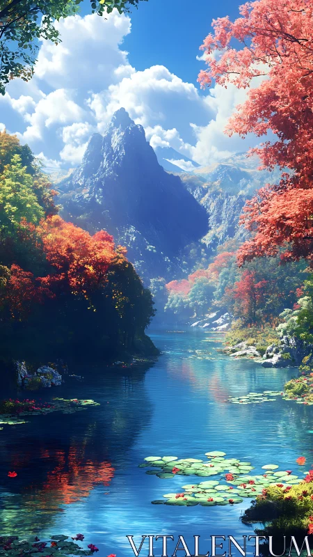 Vertical landscape render shows river, forest and mountain