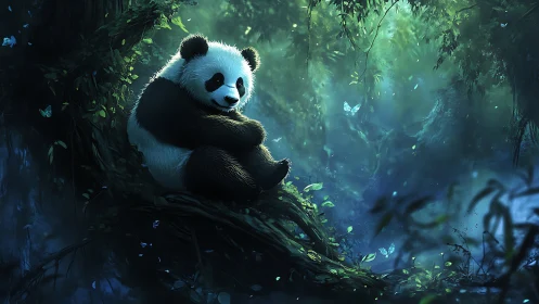 Dreamy forest panda cradled in moonlit emerald branches.