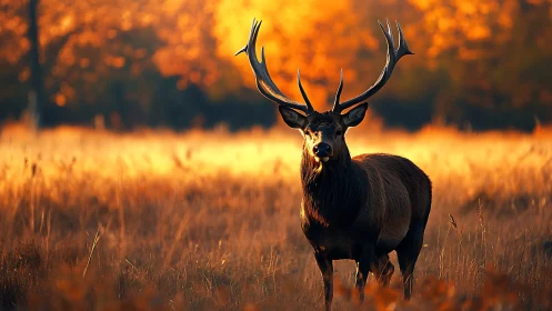 Majestic stag stands in golden autumn meadow at sunrise.