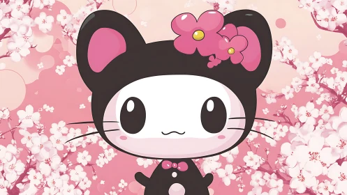 Cute black cat character with cherry blossom backdrop.