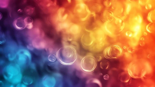 Luminous bubbles drift across radiant rainbow bokeh field.