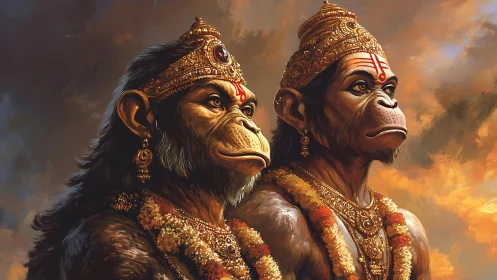 Regal monkey deities gaze into a fiery celestial horizon