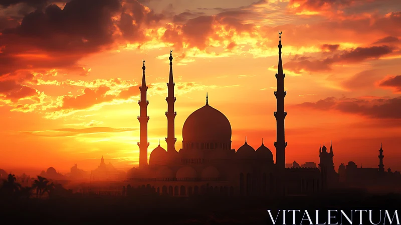 Silhouette of mosque and minarets against vivid sunset sky.