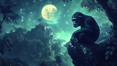 Moonlit thinker chimp on emerald jungle cliffside perch.