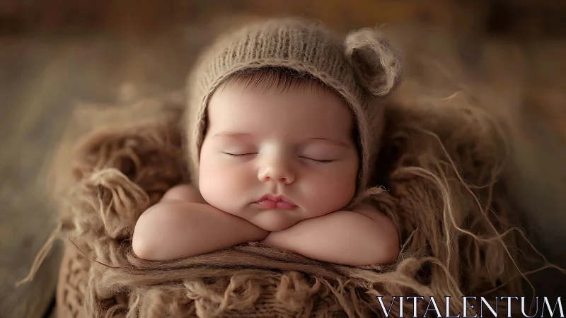 Sleeping Newborn in Knit Hat Nestled on Textured Fabric