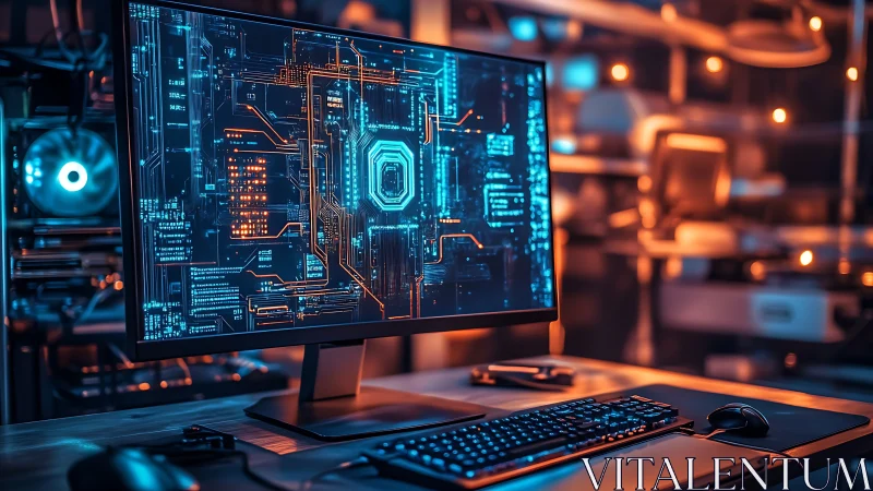 Desktop computer with circuit interface display in lab setting.