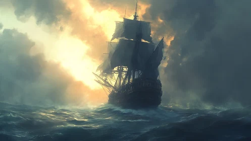 Sailing ship on turbulent ocean under dense storm clouds.