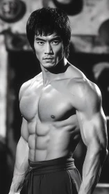 Martial artist stands poised in dramatic monochrome portrait.