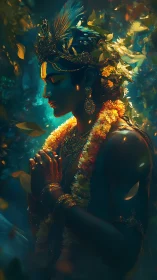 Digital painting of divine figure in luminous forest chiaroscuro.