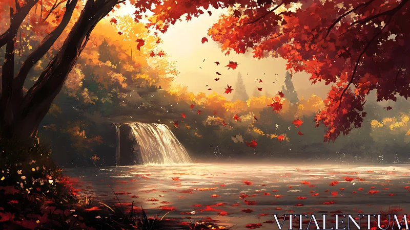 Golden autumn waterfall glows beneath dancing scarlet leaves