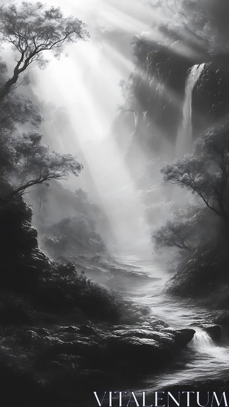 Monochrome waterfall canyon glows under piercing sunbeams