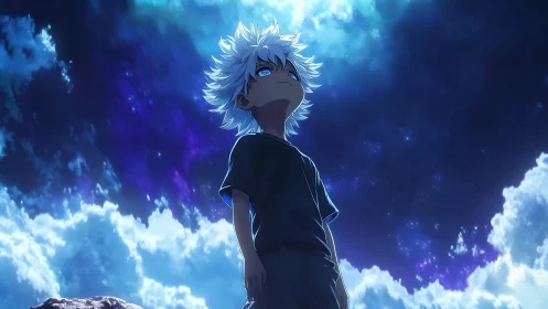 Stargazing stormchild under electric midnight clouds.