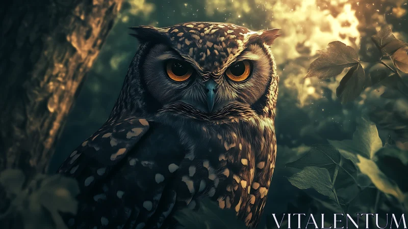 Majestic owl in mystical forest with dramatic lighting at dusk.