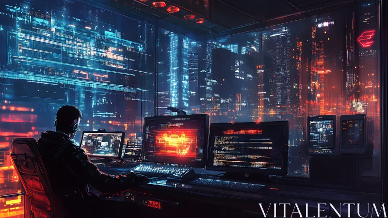 Cyberpunk workstation overlooking illuminated city grid.