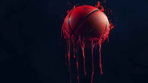 Basketball suspended in dripping red liquid on dark field.