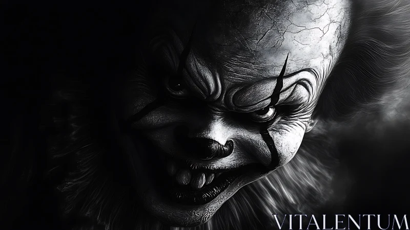 Sinister clown portrait glows from deep, chilling shadows