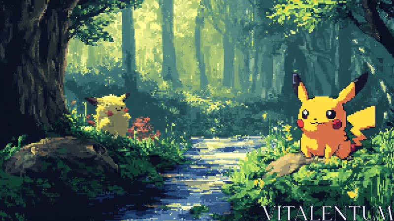 Pikachu Forest Stream Pixel Art Scene