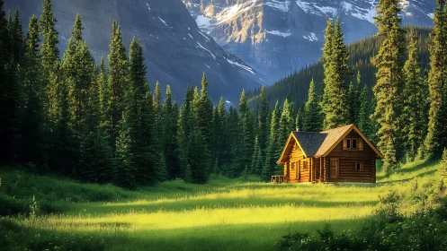 Cozy log cabin glowing in a peaceful sunlit forest meadow.