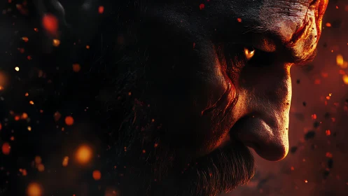 Cinematic 3D warrior profile amid embers and dramatic rim light.