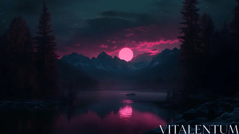 Neon lunar lake vista in cinematic digital landscape painting.
