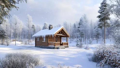 Log cabin stands in a snow-covered forest clearing in winter