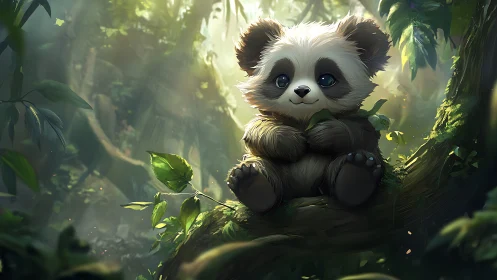 Cute stylized baby panda rendered as luminous digital painting