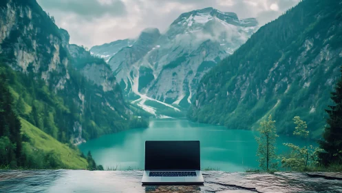 Ultrabook on wet stone ledge frames glacial lake and alpine valley