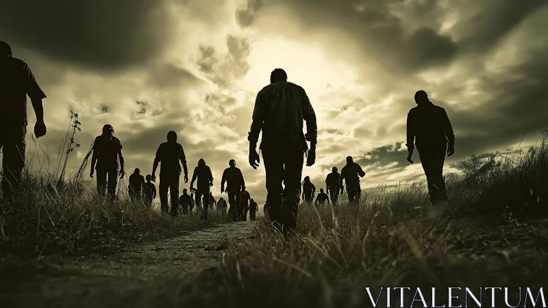 Silhouetted figures walk along rural path under overcast sky