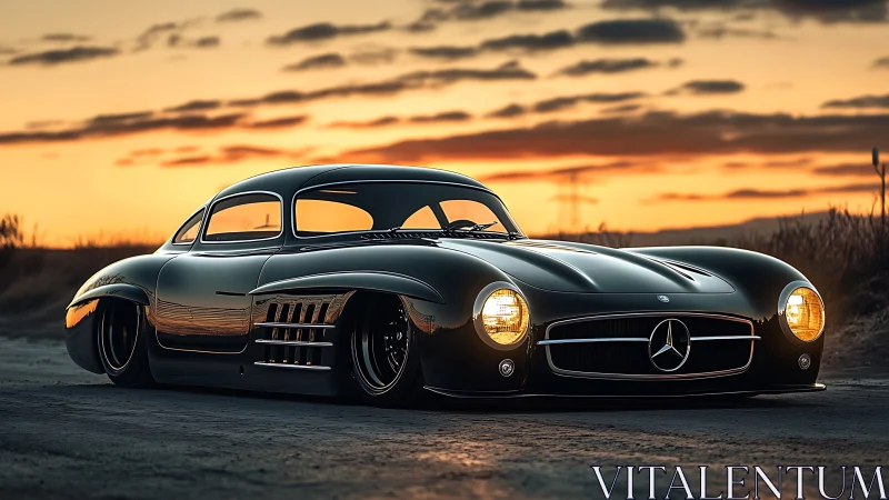 Low-slung classic Mercedes coupe under cinematic sunset glow.
