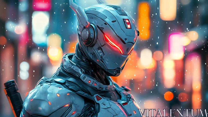 Armored humanoid robot in neon city street at night.