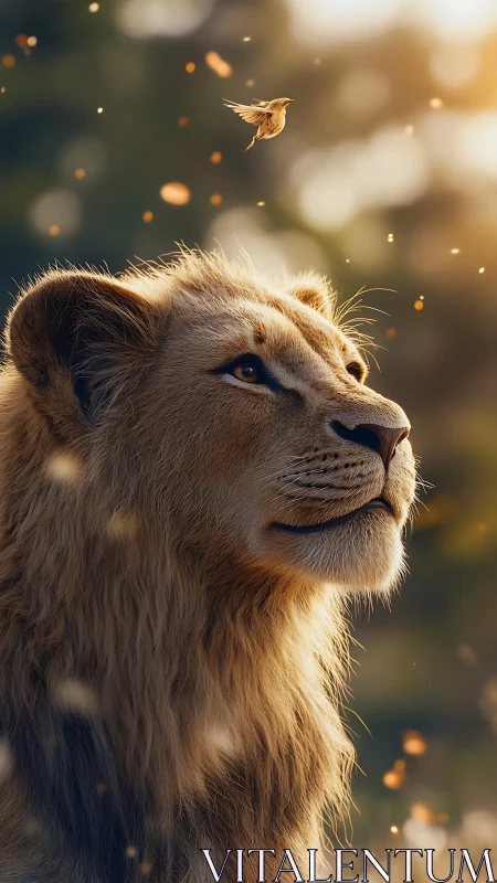 Lion portrait with suspended sparrow and golden bokeh field.