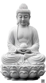 White Buddha sculpture in lotus posture on pedestal.