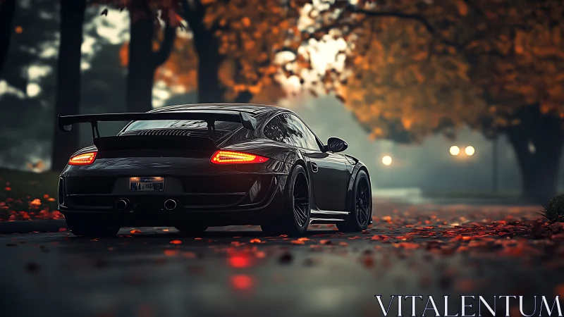 Midnight-black sports car pausing in a quiet autumn glow.