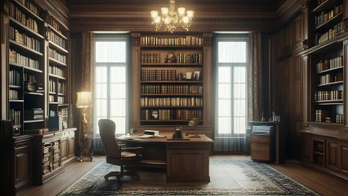 Classical wood-panelled library office rendered in warm photorealism