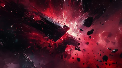 Shattered asteroid drifts through a violent crimson nebula