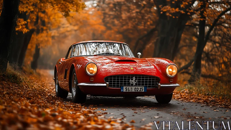 Classic red sports car is parked on an autumn forest road