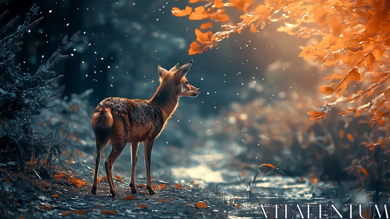 Fox stands in glowing autumn forest beside reflective stream